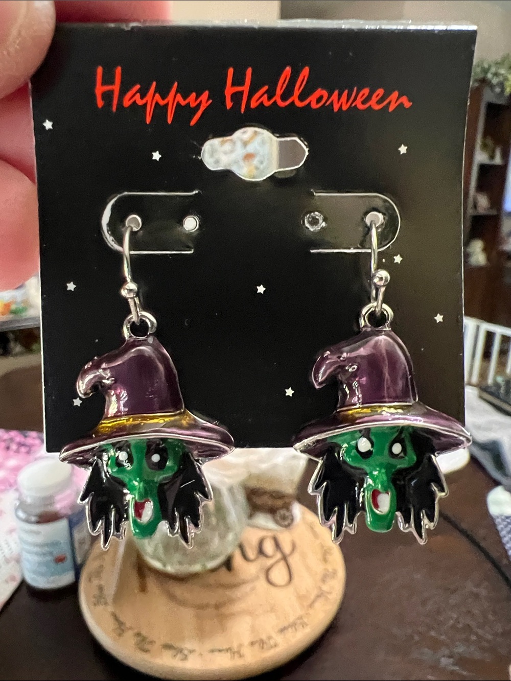 Fashion Jewelry Green Witch Earrings with Purple Hats